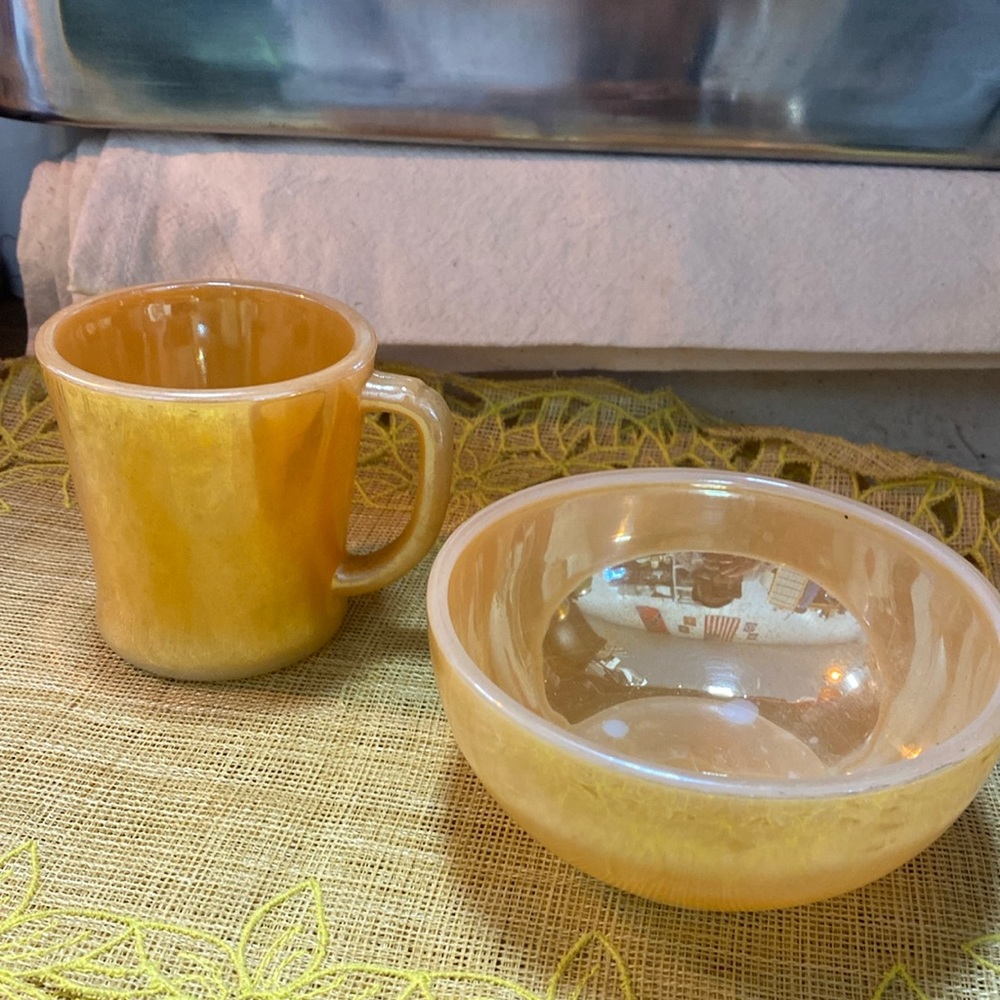 FIRE-KING PEACH LUSTER D HANDLED CUP AND CEREAL BOWL